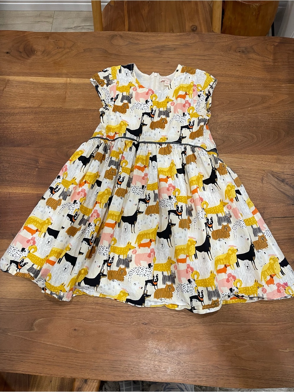 Pink Chicken Cotton Girls' White Dress with Yellow, Pink & Black Dog Print